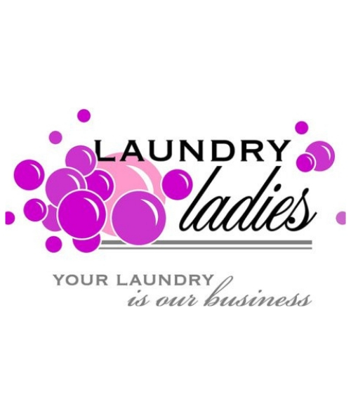 A logo of laundry ladies, with bubbles in the background.