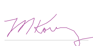 A pink signature is shown on the side of a white background.
